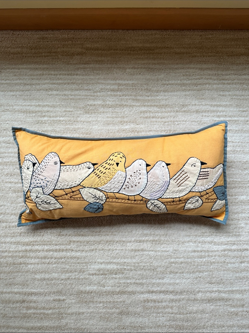 Rajka Embroidered Birds on a Limb Lumbar Pillow in Mustard Yellow 18” x 10”